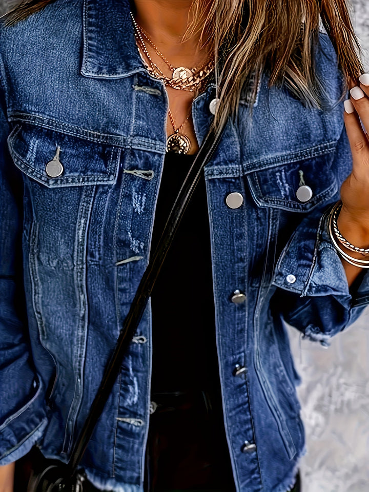 Effortless Deep Blue Distressed Jean Jacket for Women with Collar Long Sleeve Button Front Frayed Relaxed Style