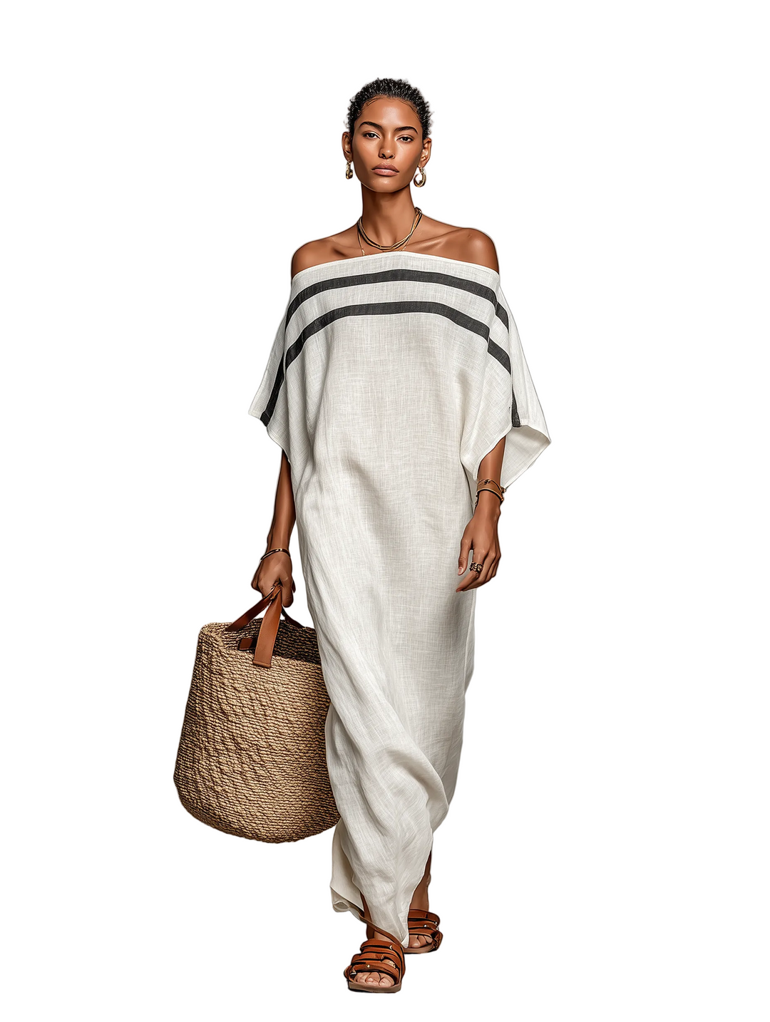 Women's Minimalist Linen Blend Off-the-shoulder Batwing Sleeve Straight-cut Maxi Dress