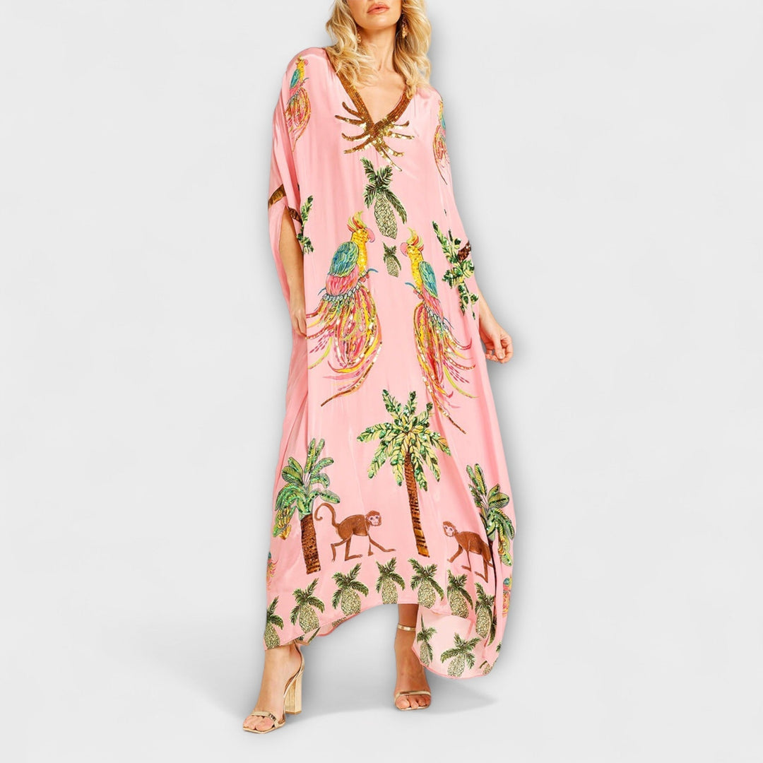 Linda - Robe Attrape-Regard à Épaules Asymétriques et Imprimé Palmiers