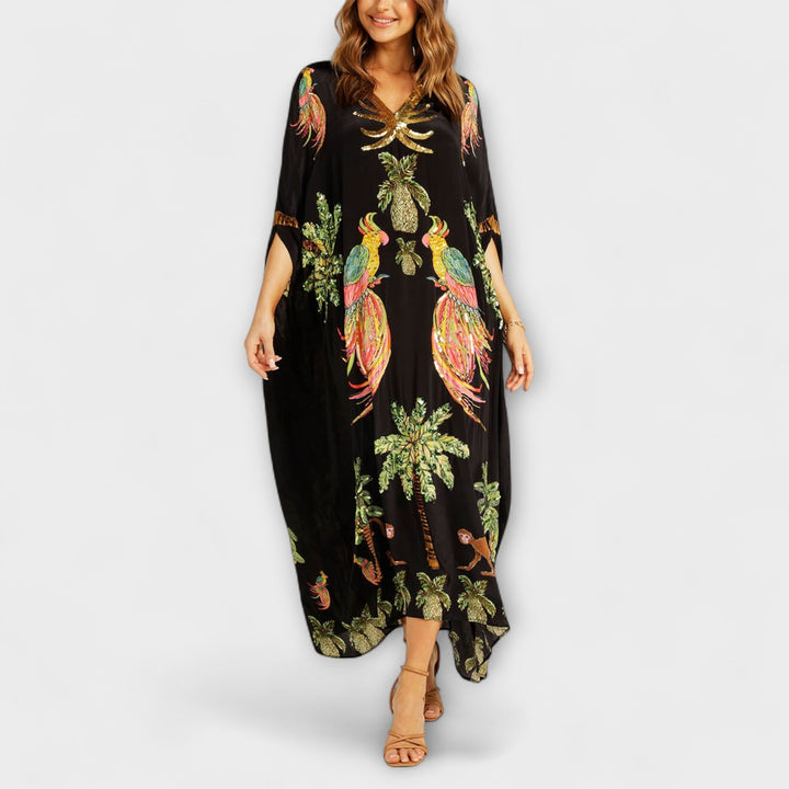 Linda - Robe Attrape-Regard à Épaules Asymétriques et Imprimé Palmiers
