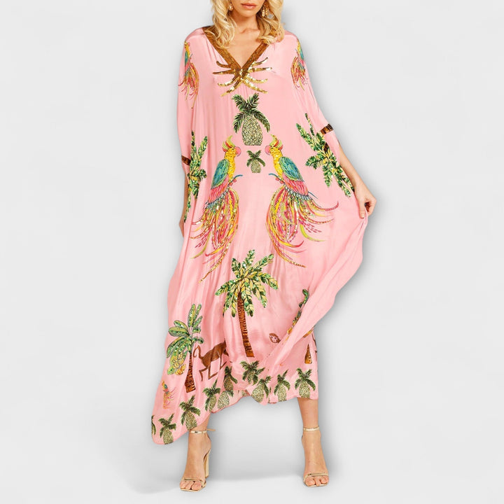 Linda - Robe Attrape-Regard à Épaules Asymétriques et Imprimé Palmiers