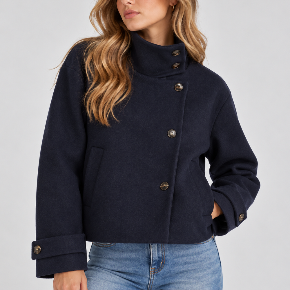 Women's High Neck Cropped Jacket with Button Front