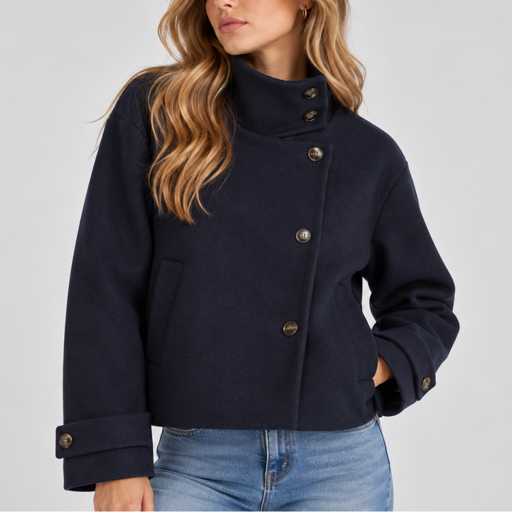 Women's High Neck Cropped Jacket with Button Front