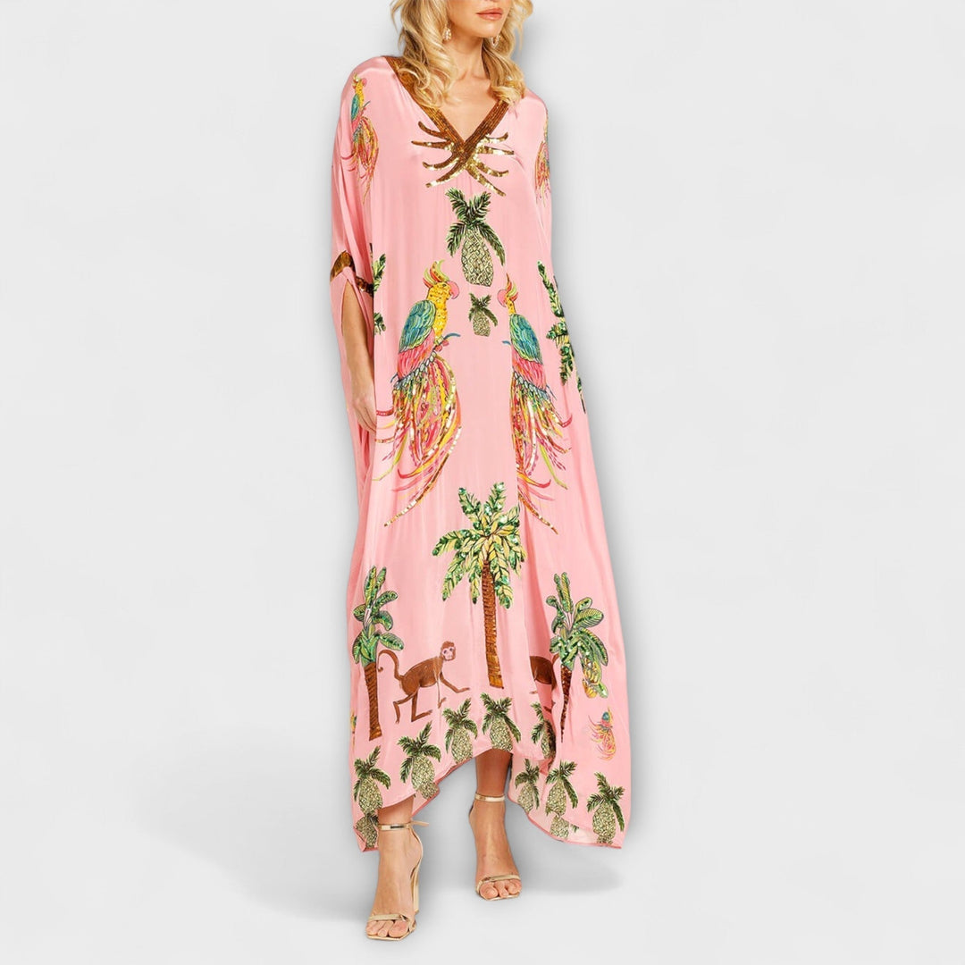 Linda - Robe Attrape-Regard à Épaules Asymétriques et Imprimé Palmiers