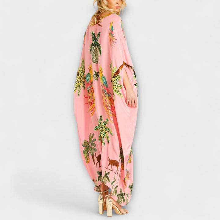 Linda - Robe Attrape-Regard à Épaules Asymétriques et Imprimé Palmiers
