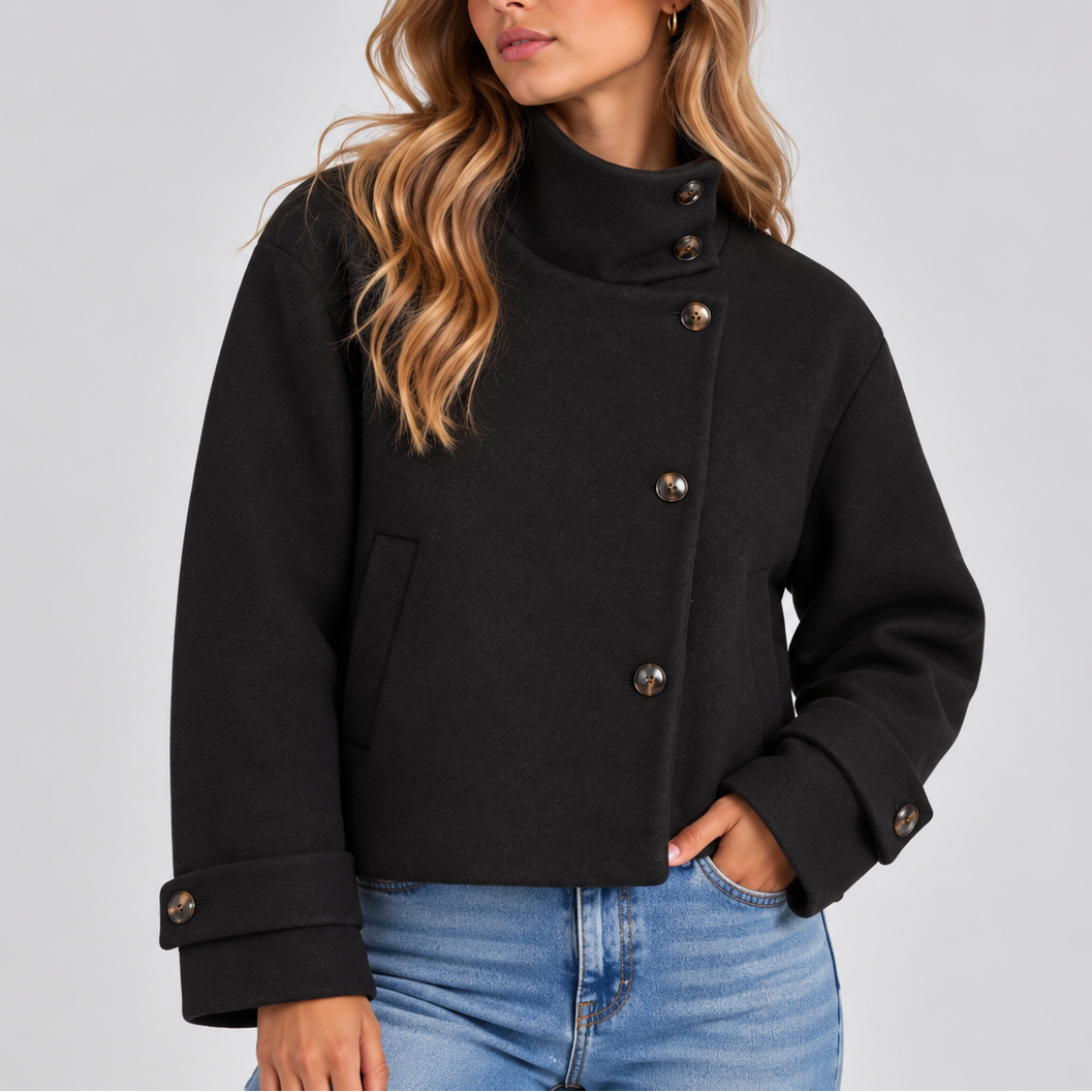 Women's High Neck Cropped Jacket with Button Front