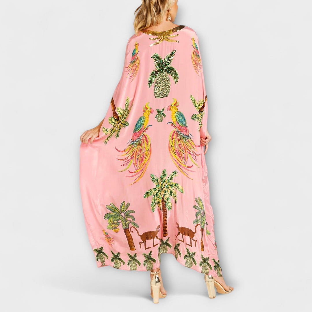 Linda - Robe Attrape-Regard à Épaules Asymétriques et Imprimé Palmiers