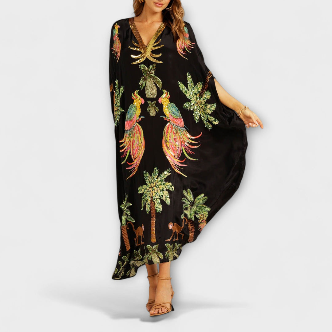 Linda - Robe Attrape-Regard à Épaules Asymétriques et Imprimé Palmiers