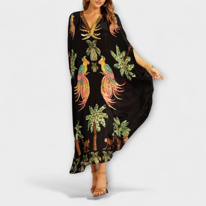 Linda - Robe Attrape-Regard à Épaules Asymétriques et Imprimé Palmiers