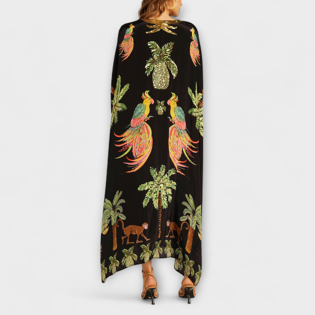 Linda - Robe Attrape-Regard à Épaules Asymétriques et Imprimé Palmiers