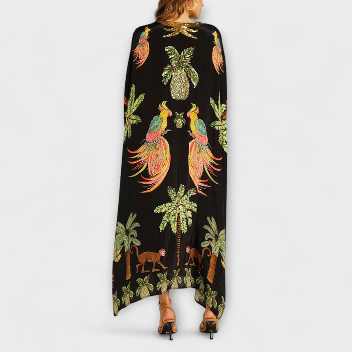 Linda - Robe Attrape-Regard à Épaules Asymétriques et Imprimé Palmiers