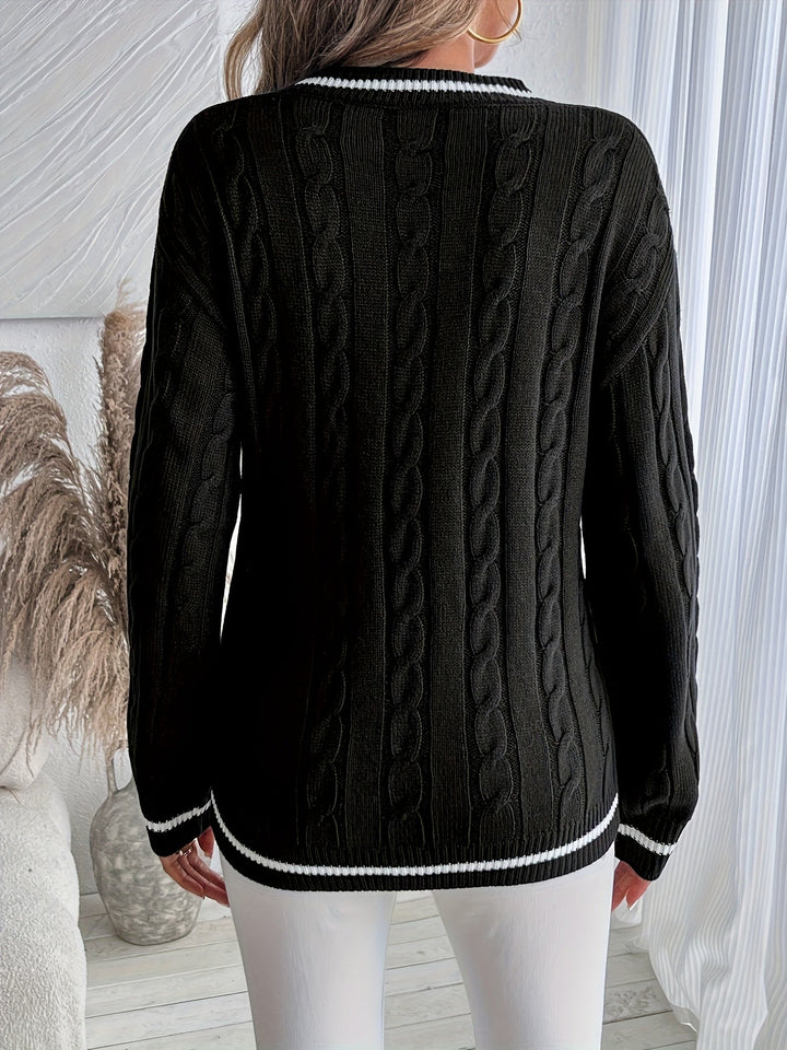 Comfortable Cable Knit Sweater for Women with V Neck Long Sleeve Striped Trim Oversized Knit Style