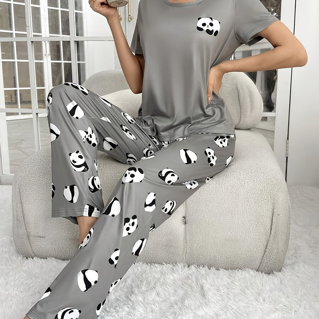 Comfortable Grey Pajamas for Women with Panda Print Short Sleeve Two Piece