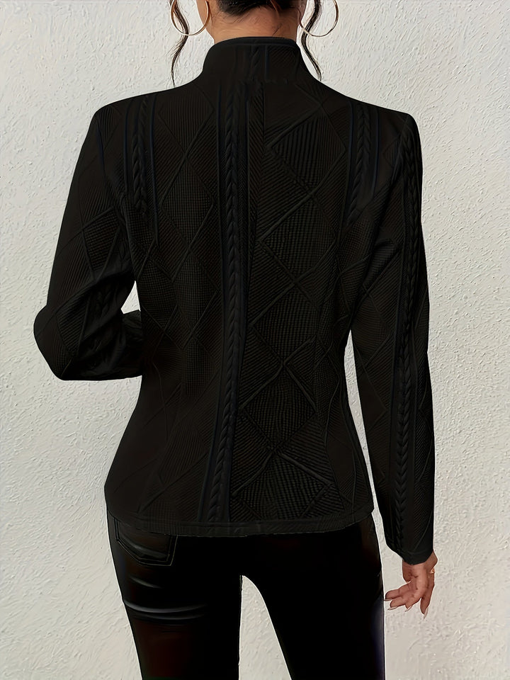 Elegant Cable Knit Cropped Jacket for Women with Stand Collar Long Sleeve Button Front Fitted Style