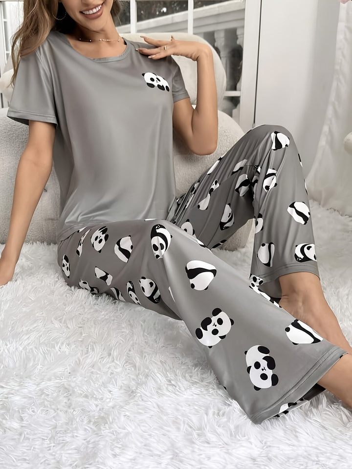 Comfortable Grey Pajamas for Women with Panda Print Short Sleeve Two Piece
