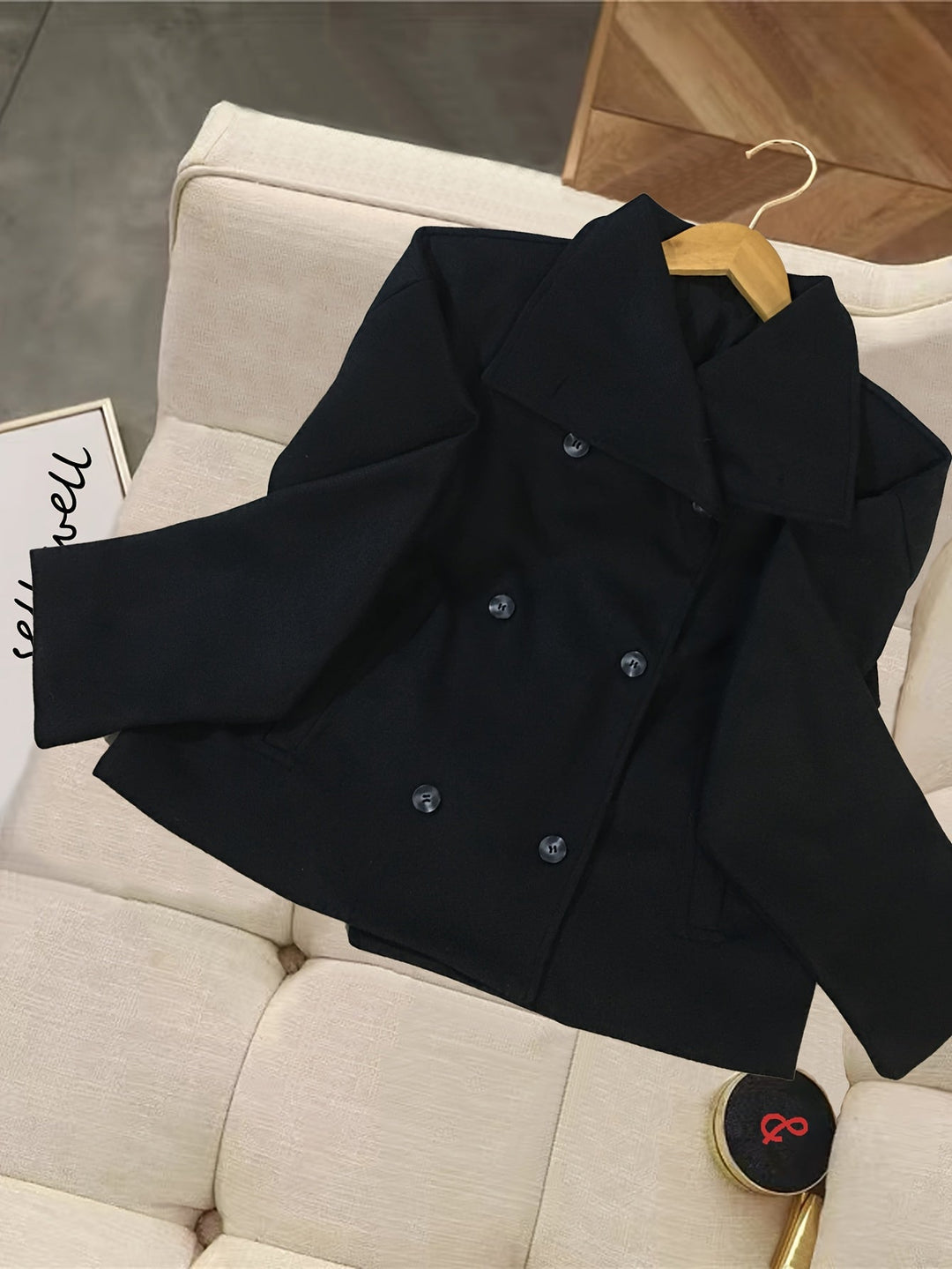 Elegant Wool Pea Coat for Women with Notch Lapel Long Sleeve Double Breasted Cropped Style