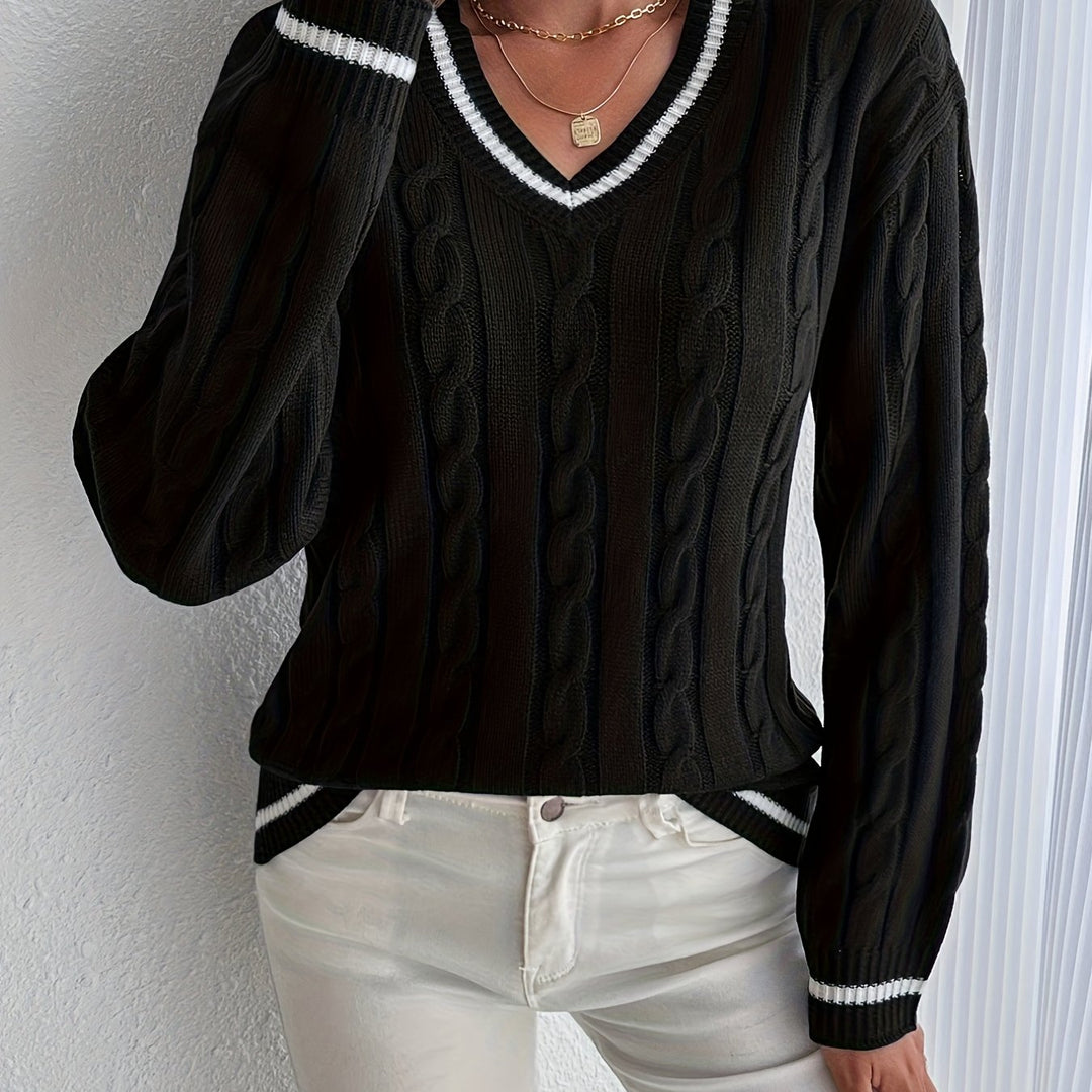 Comfortable Cable Knit Sweater for Women with V Neck Long Sleeve Striped Trim Relaxed Oversized Style