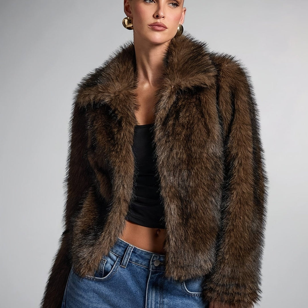 Elegant Bronze Fur Coat for Women with Notch Collar Long Sleeve Cropped Open Front Style