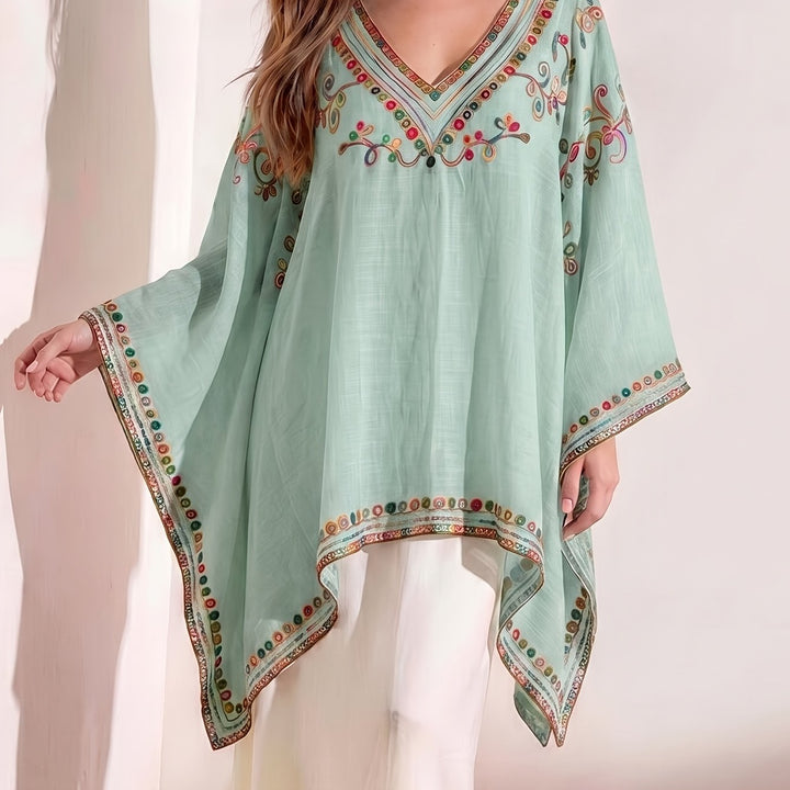 Effortless Poncho Shirt for Women with V Neck Embroidered Trim Draped Kaftan Style