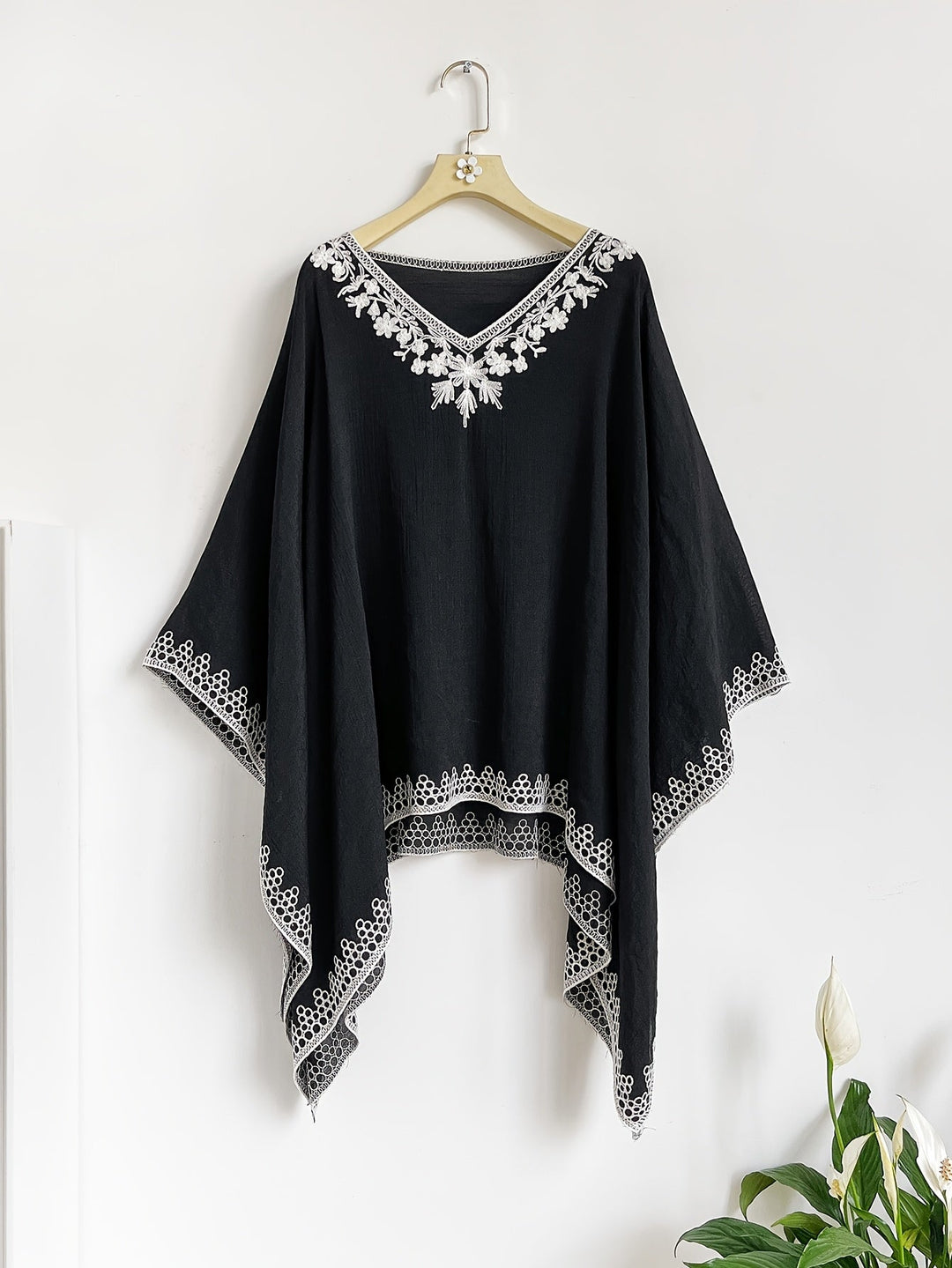 Effortless Poncho Shirt for Women with V Neck Embroidered Trim Draped Batwing Style