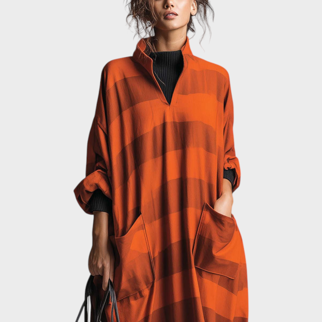 Brenda | Vintage Fashion Oversized Relaxed V-Neck Large Pockets Orange and Brown Wide Striped Maxi Dress