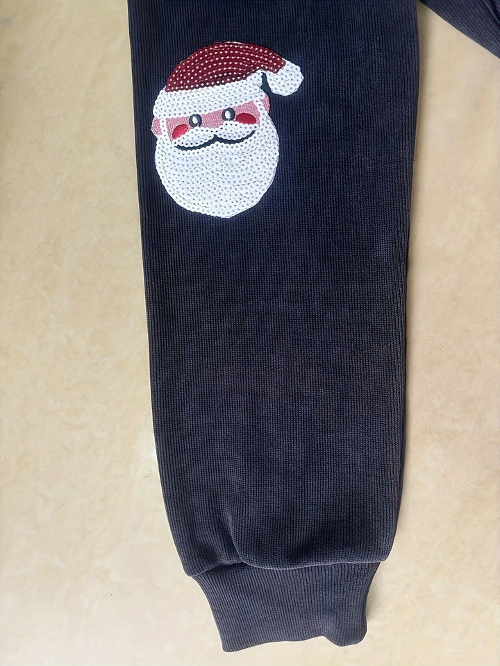 Comfortable Dark Gray Corduroy Christmas Sweater for Women with Crew Neck Long Sleeve Sequin Santa Oversized Knit Style