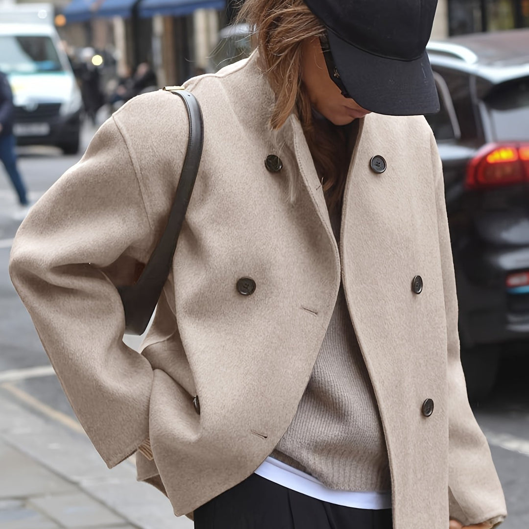 Effortless Wool Pea Coat for Women with Stand Collar Long Sleeve Double Breasted Oversized Casual Style