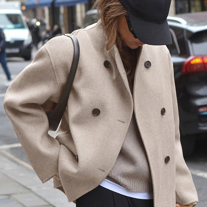 Effortless Wool Pea Coat for Women with Stand Collar Long Sleeve Double Breasted Oversized Casual Style