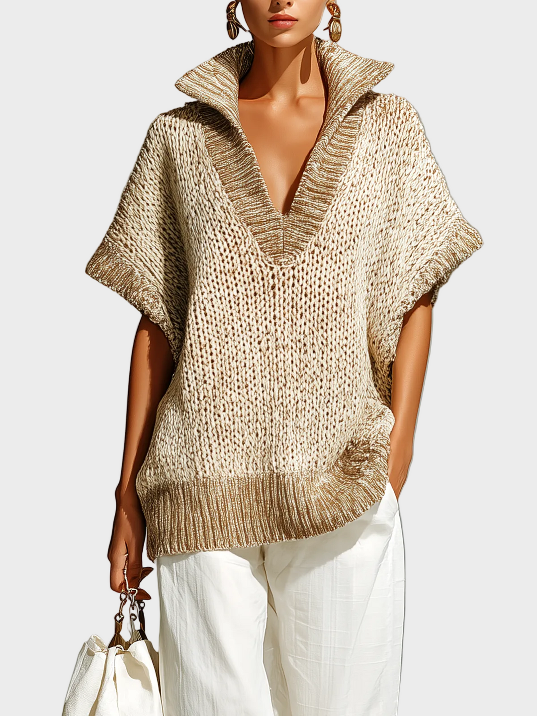 Fiona | Gilet in maglia senza maniche, modello casual colorblock beige con colletto alla coreana