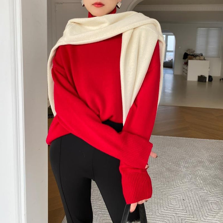 Cozy Beige Sweater for Women with Turtleneck Long Sleeve Oversized Relaxed Knit Style