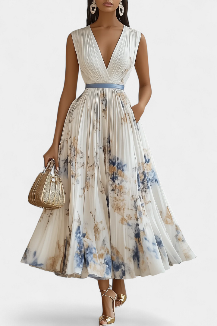Elise Sleeveless Pleated Midi Dress with Floral Print