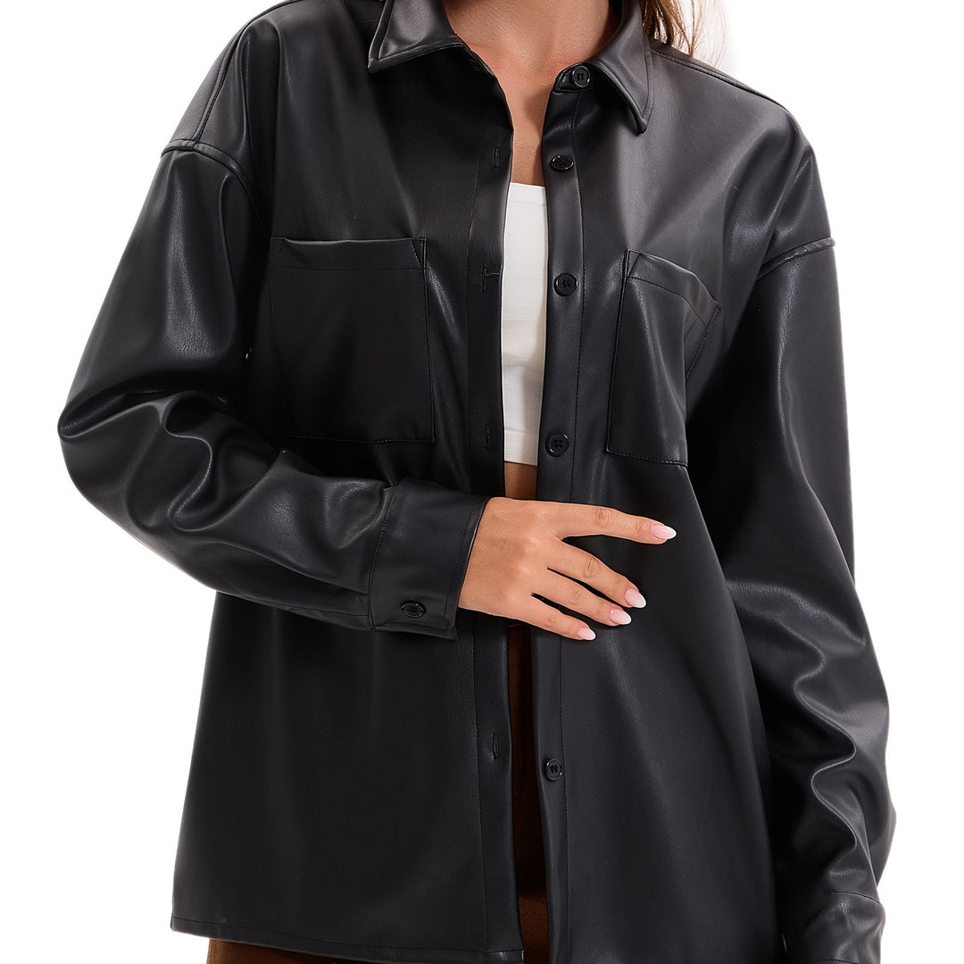 Effortless Leather Jacket for Women with Button Front Collared Oversized Shacket Style