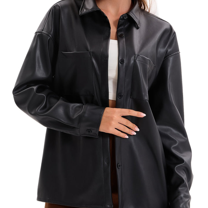Effortless Leather Jacket for Women with Button Front Collared Oversized Shacket Style