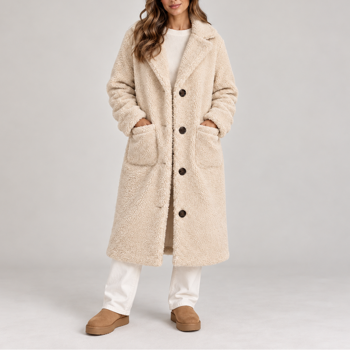 Women's Long Teddy Fleece Coat, Oversized Button-Up