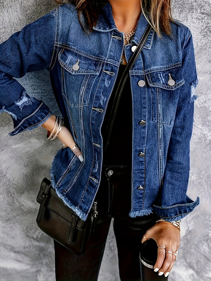 Effortless Deep Blue Distressed Jean Jacket for Women with Collar Long Sleeve Button Front Frayed Relaxed Style