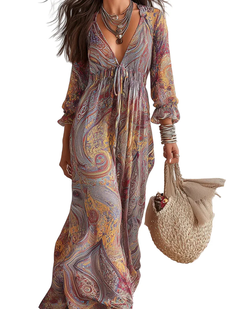 Vintage Paisley Print V neck Dress With Tie Waist
