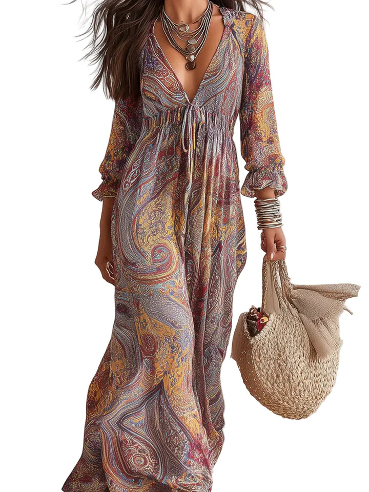 Vintage Paisley Print V neck Dress With Tie Waist