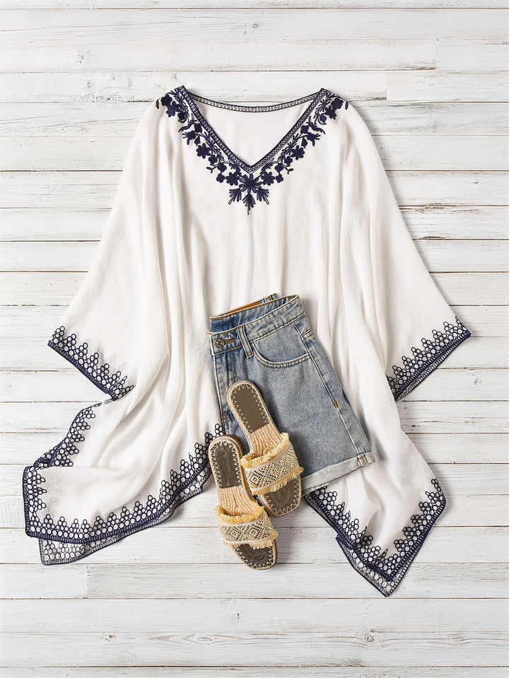 Effortless Poncho Shirt for Women with V Neck Embroidered Trim Draped Batwing Style