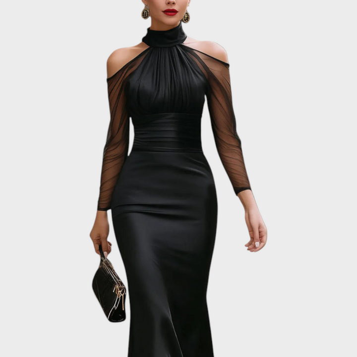 Sanya | Robe Midi Élégante en Satin à Épaules Dénudées