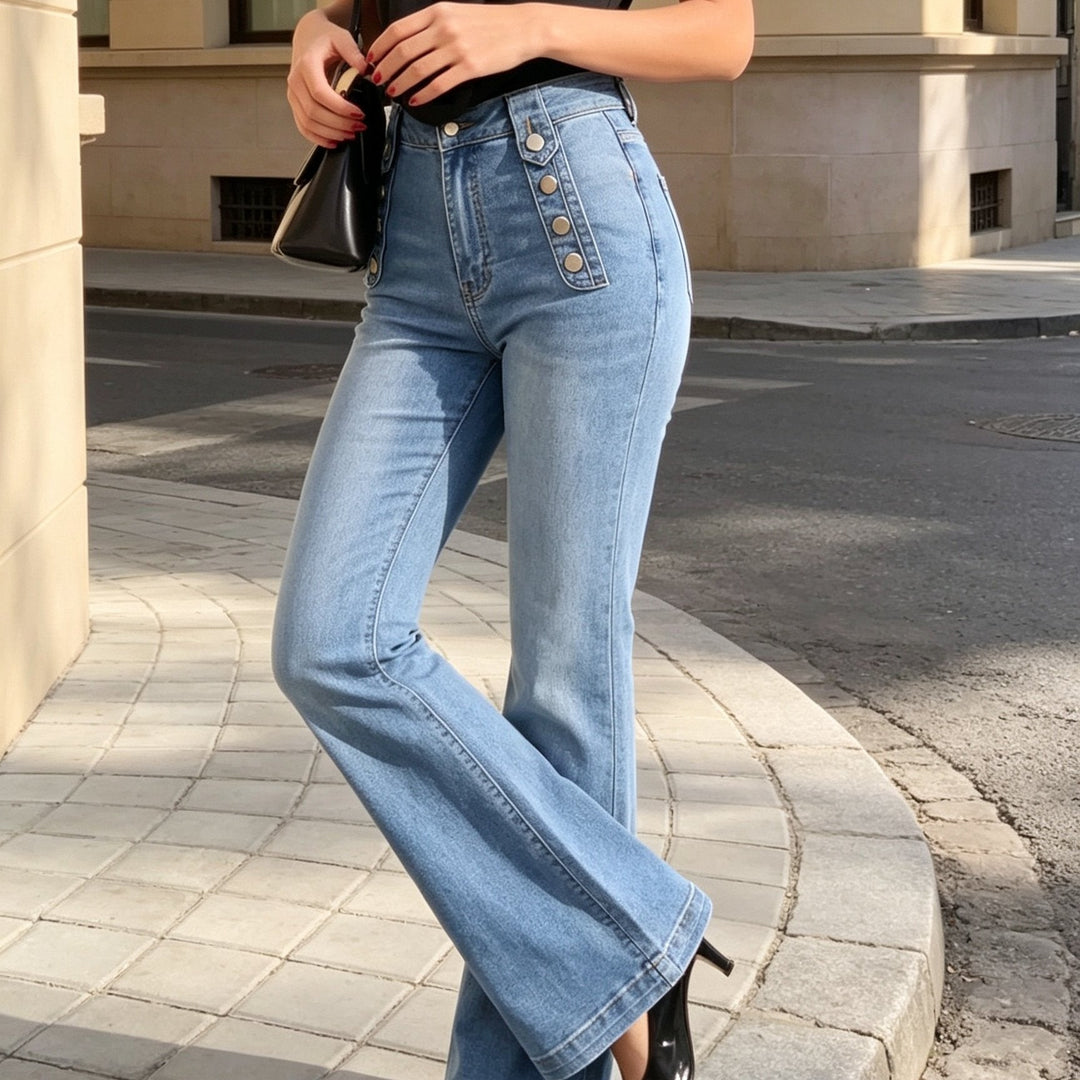 Effortless Light Blue High Waisted Jeans for Women with Button Front Flare Leg Relaxed Style