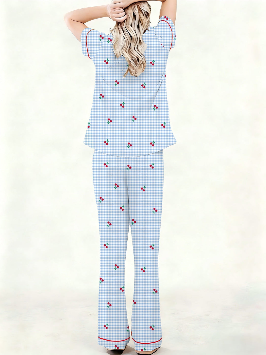 Comfortable Cherry Gingham Pajama Set for Women with Notch Collar Short Sleeve Button Front Relaxed Style