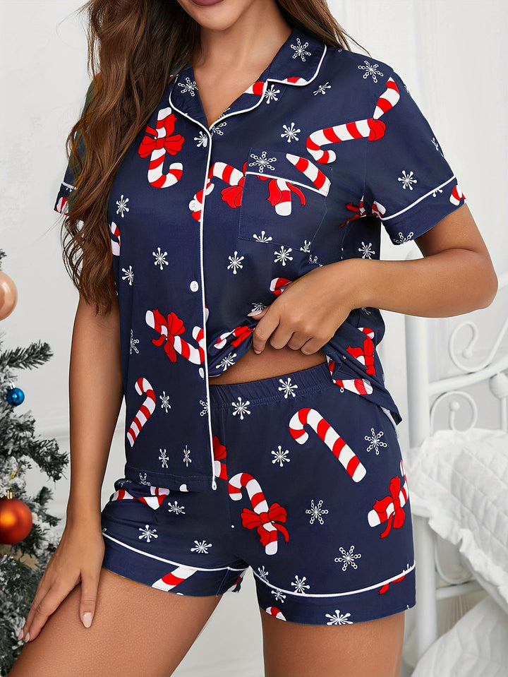 Cozy Candy Cane Print Christmas Holiday Pajamas for Women with Notch Collar Short Sleeve Two Piece Style