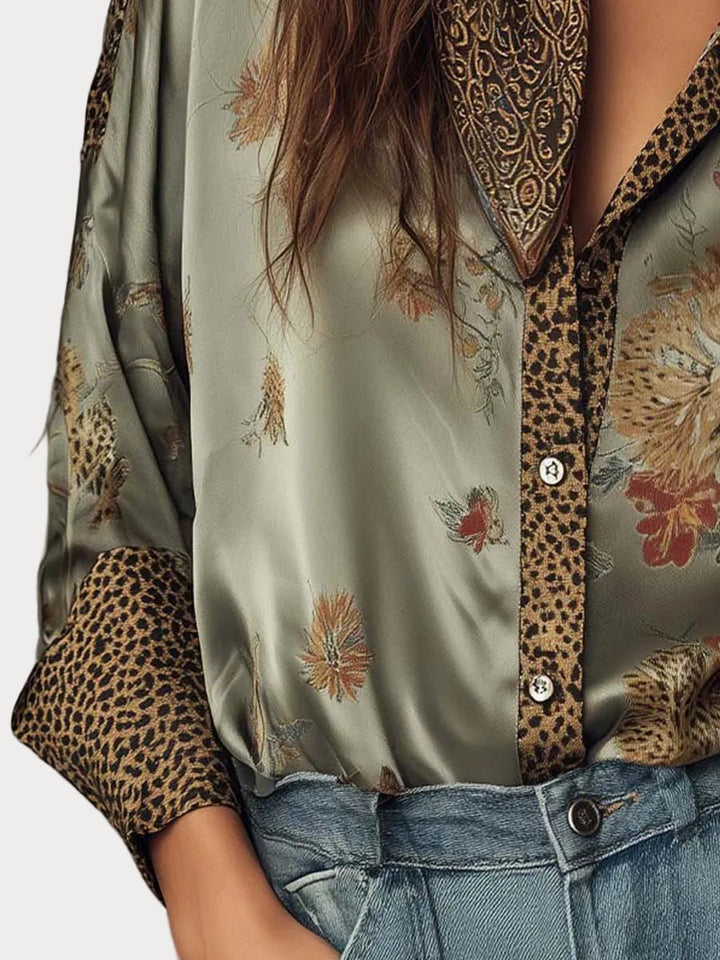 Cathrine | Satin Floral Shirt with Leopard Trim
