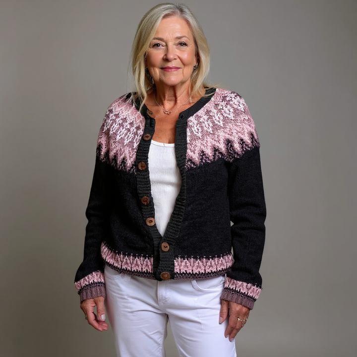 Cozy Black Fair Isle Cardigan for Women with Round Neck Long Sleeve Button Front Nordic Knit Style