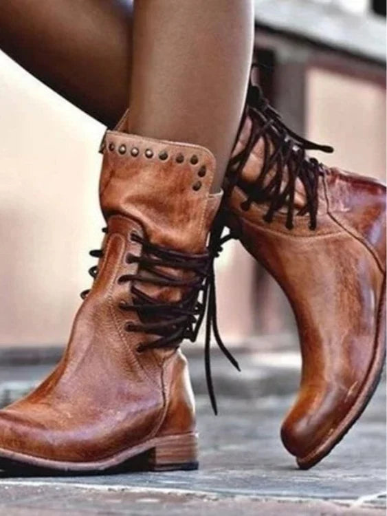 Lace Up Motorcycle Boots for Women – Round Toe Combat Ankle Boots with Rivet Detail, Fall and Winter Booties in Brown, Black, Gray