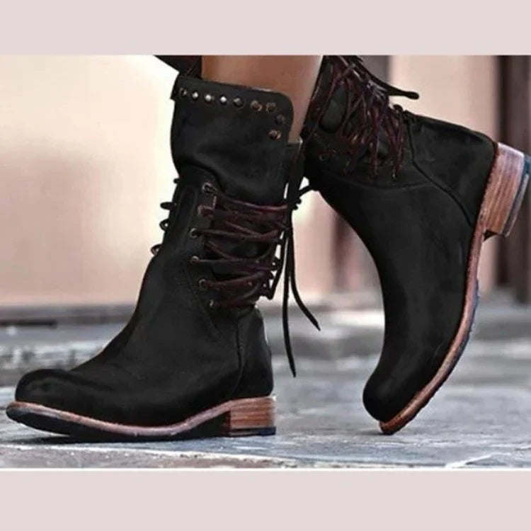 Lace Up Motorcycle Boots for Women – Round Toe Combat Ankle Boots with Rivet Detail, Fall and Winter Booties in Brown, Black, Gray