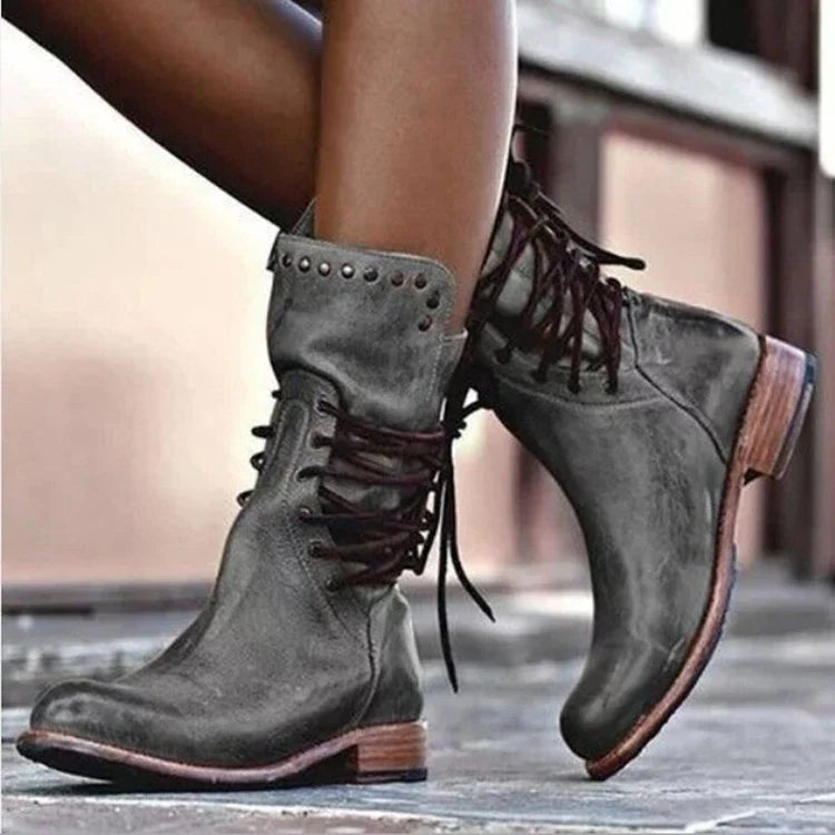 Lace Up Motorcycle Boots for Women – Round Toe Combat Ankle Boots with Rivet Detail, Fall and Winter Booties in Brown, Black, Gray