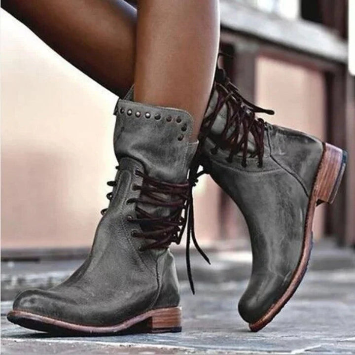 Lace Up Motorcycle Boots for Women – Round Toe Combat Ankle Boots with Rivet Detail, Fall and Winter Booties in Brown, Black, Gray
