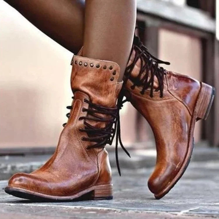 Lace Up Motorcycle Boots for Women – Round Toe Combat Ankle Boots with Rivet Detail, Fall and Winter Booties in Brown, Black, Gray