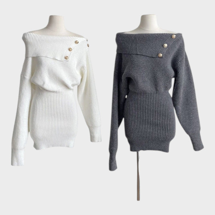 Chrisanthi | Robe mode avec bouton, encolure en V, manches chauve-souris